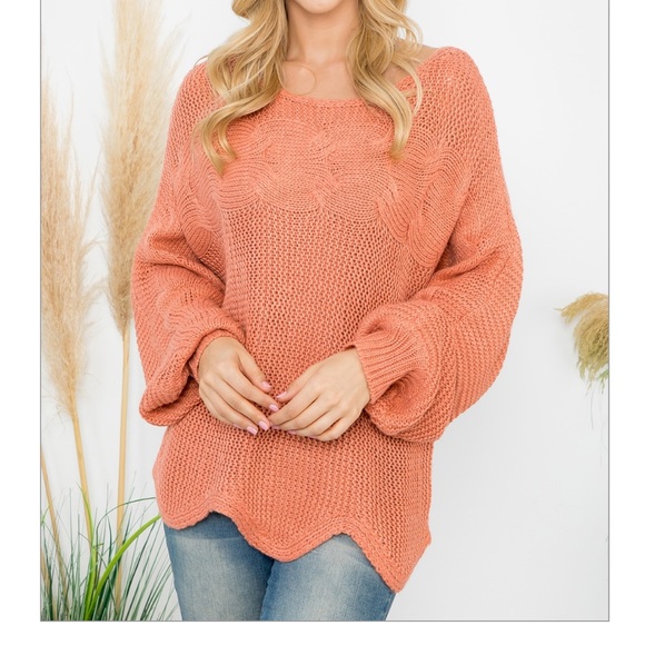 Boho Ballon Sleeves Scallop Hem Sweater - Picture 1 of 3